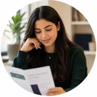 Étudiante lisant une brochure d’orientation universitaire