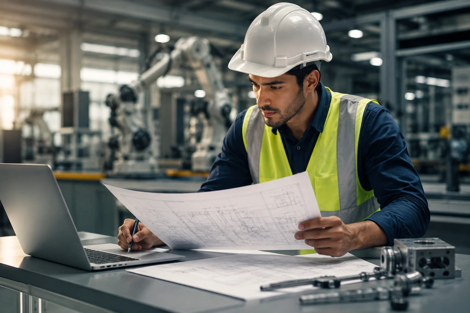 Ingénieur sur un site technique avec plans et outils de conception