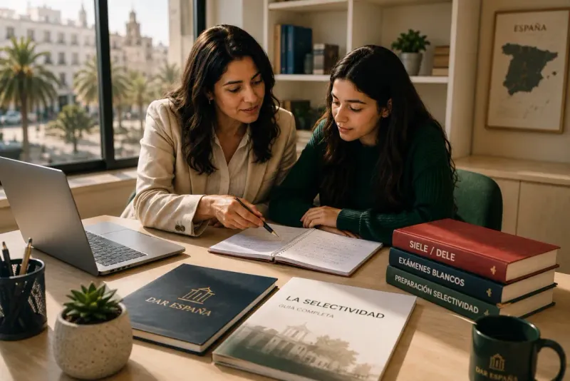 Conseillère Dar España accompagnant une étudiante dans sa préparation à la Selectividad, guide et manuels sur le bureau