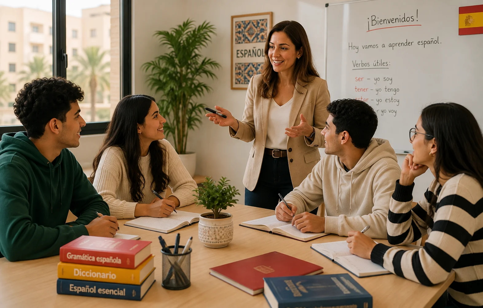 Étudiant travaillant sa grammaire espagnole avant les examens SIELE et DELE