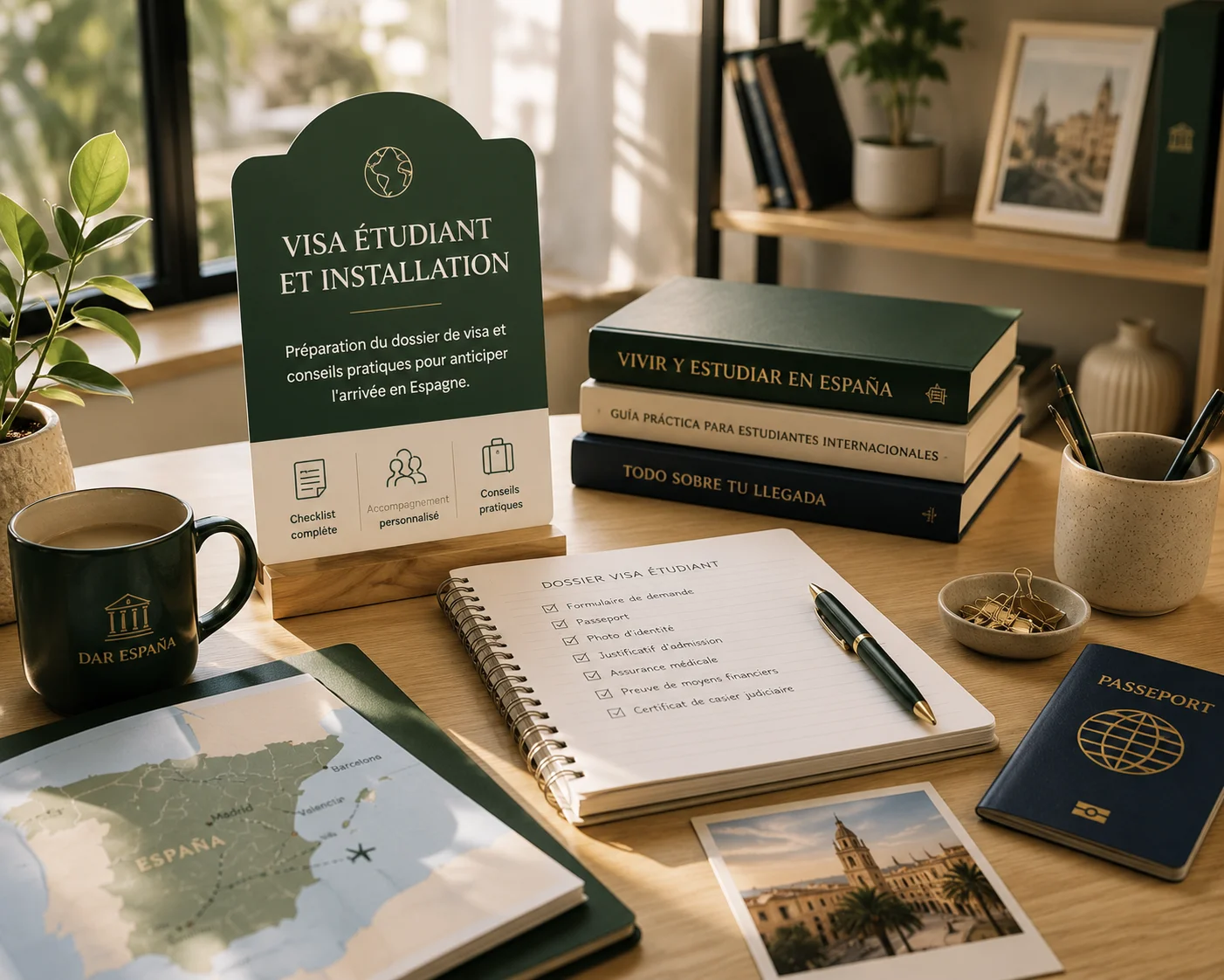 Bureau avec dossier de visa étudiant, checklist, passeport et carte de l’Espagne